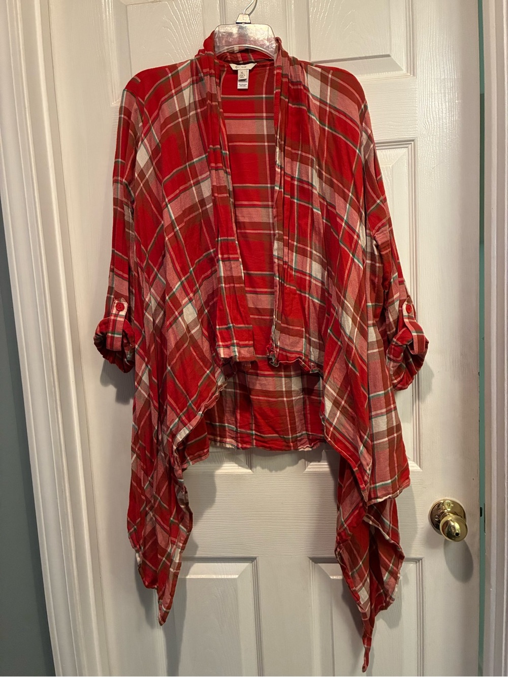 Women’s Bright Red Orange Plaid Draped Open-Front Jacket